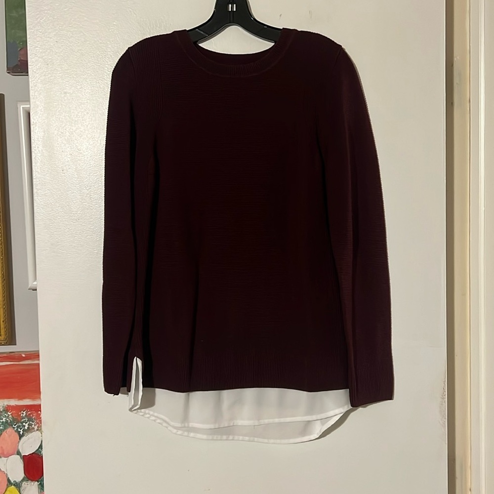Hilary Radley deep wine ribbed crew neck sweater with faux shirt hem